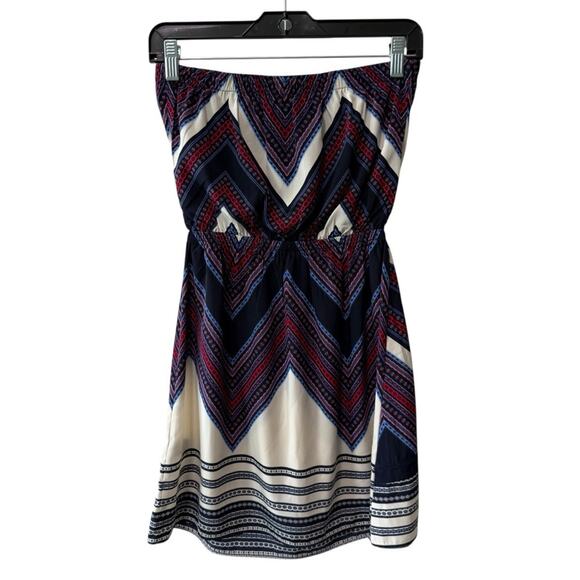 Express Chevron Design Strapless Faux Wrap Mini Dress Navy Red Multi Size XS - Picture 4 of 7